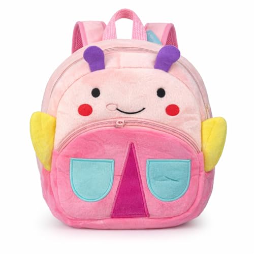 Mini Mochila Infantil de Bichinhos em Poliéster Tipo Pelúcia 2 Bolsos, Alça Regulável, Leve e Resistente para Escola, Passeio e Dia a Dia Estampa de Animais. (Borboleta)