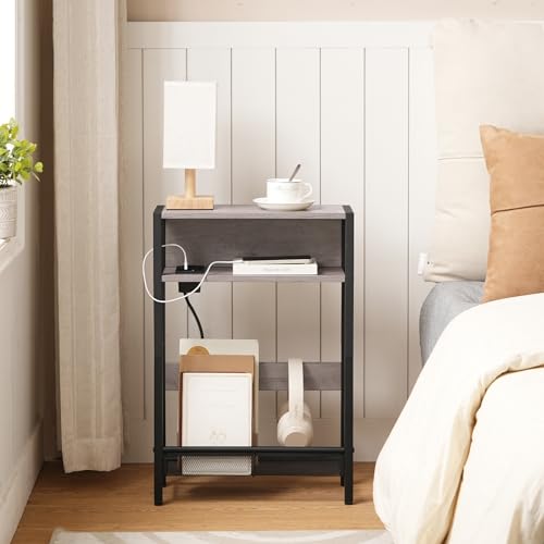 CHOEZON Mesa Auxiliar Estrecha, Mesita de Sofá con Base de Carga, Mesilla de Noche Estrecha, Mesita de Centro con 3 Niveles, Sala de Estar, Gris Envejecido DTBZ05CBH - imagen 2