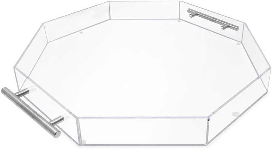 Isaac Jacobs Clear Octagon Acrylic Serving Tray (18x18) with Silver Metal Handles, Spill-Proof, Stackable Organizer, Food & Drinks Server, Lucite Storage (18x18 Octagon, Clear with Silver Handle)