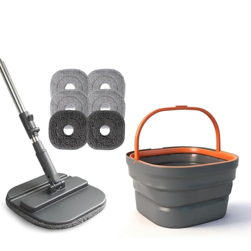 MINGLEA Innovative 2 Function Pivoting Cleaning Tool with Removable Wash Rinse Container and 6 Machine Washable Fiber Cloths for Hardwood Tile exteriors