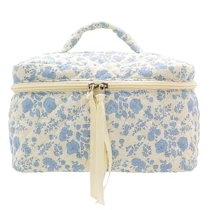 PAZIMIIK Cotton Makeup Bag for Women Large Quilted Travel Cosmetic Case Girls’ Make Up Organizer,Little Flower Blue