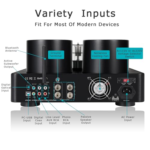 Image of Juson Audio JTA100 200W Vacuum Tube Amplifier Class AB HiFi Integrated Hybrid Home Audio Receiver with BT 5.0 Optical AUX RCA Phono Input and Headphone Output 2.1CH for Turntable (JTA100-2nd)