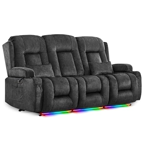LIFTSHA Dreisitzer Relaxsessel mit Liegefunktion, Fernsehsessel Elektrisch Verstellbar mit Heizung & Vibrierende Massage, TV Sessel Heimkino Sitze mit Umklappbare Mittelrückenlehne, Samt, Grau