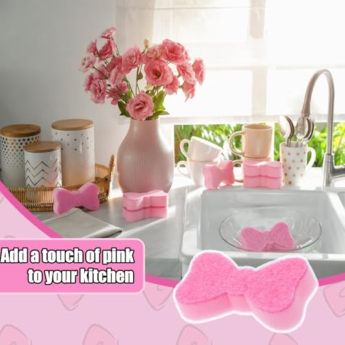 Image of Tioncy 12 Pack Pink Bow Sponges Bulk Preppy Dual Sided Scrubber Cute Pink Bow Sponges Reuseble Non Scratch Dishwashing Kitchen Cleaning Accessories for Cookware Pot Boiler Pan Household