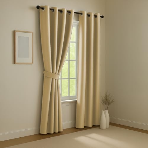 Image of LINENWALAS 100% True Blackout Curtains (5 Feet) - 1 Panel | Complete Light Block | Thermal Insulated & Noise Reducing Room Darkening Curtains for Living Room & Home Decor (Golden Beige)
