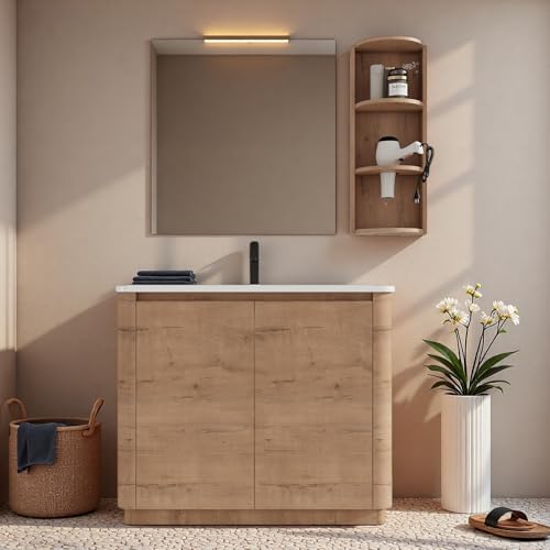 Image of 40 inch Bathroom Vanity with Ceramic Sink, Freestanding Bathroom Vanity with 2-Soft-Close Door, Semicircle Storage Rack & Inside Adjustable Shelves for Home, Farmhouse Floor Mount Vanity, Oak