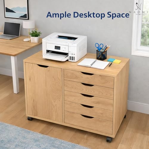 Image of Naomi Home Under Desk Rolling Office File Cabinet with 5 Drawers & Side Storage Cabinet, Mobile Organizer with Shelves & Swivel Casters for Home Office - Natural