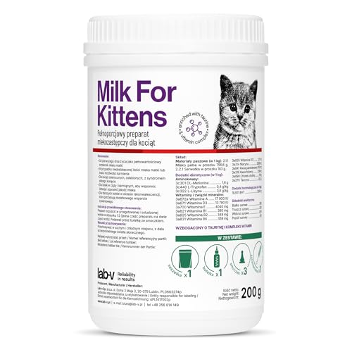 Lab-V Katzenmilch Pulver für Kitten 200g mit Fütterungsflasche und Sauger Aufzuchtmilch für Babykatzen Vollmilch-Ersatz für Katzenbabys Kitten Milch zur Handaufzucht