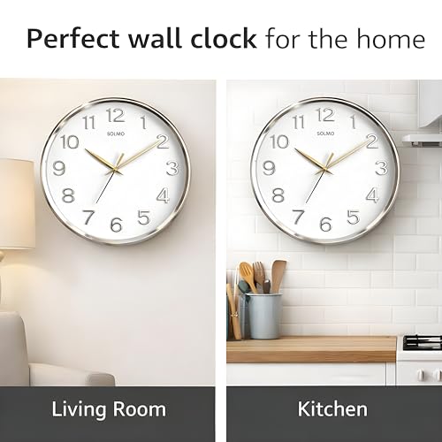 Image of Amazon Brand - Solimo 12 Inches Silent Wall Clock for Living Room Bedroom Office Plastic Easy to Read 3D Numbers Modern Stylish Sweep Movement Wall Clock for Home 1603DX (Silver)