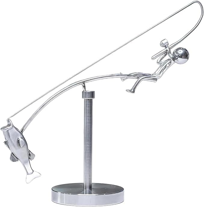 Escultura de Pescador Equilibrante, Metal Plateado