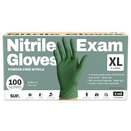 SUP Exam Plus® Nitrile Gloves, Powder-Free Disposable Moss Green 100Ct (XL)