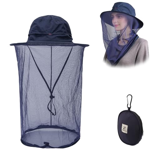 Flammi Mosquito Head Net Hat Fishing Hat w/Head Net UPF 50+ Sun Protection Safari Boonie Hat Cap Outdoor for Men/Women (Navy Blue)