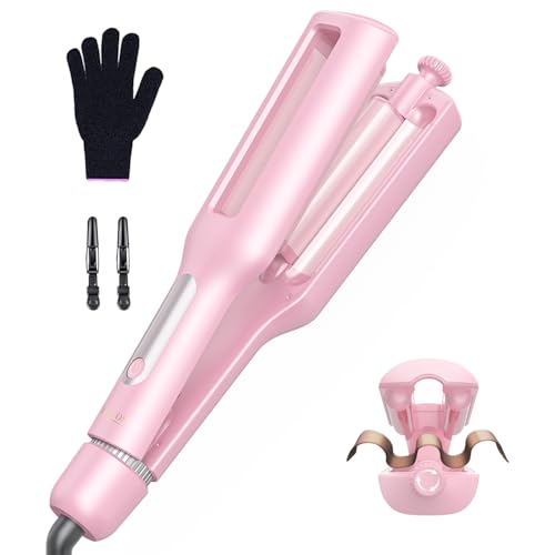 4 In 1 Regolabile Piastra Onde per Capelli - 22/25/32/38mm Piastra Onde per Onde da Spiaggia, Onde Naturali, Onde d'acqua, Onde da Sirena, Antiscottature, Display Digitale, 4 Temperature, Pink
