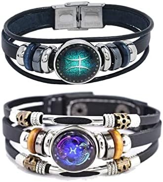 Zodiac Pisces Constellation Bracelet Handmade Woven Multilayer Zodiac Sign Leather Wrap Bracelet Wristband for Women Men Jewelry Gift 2Pcs Set