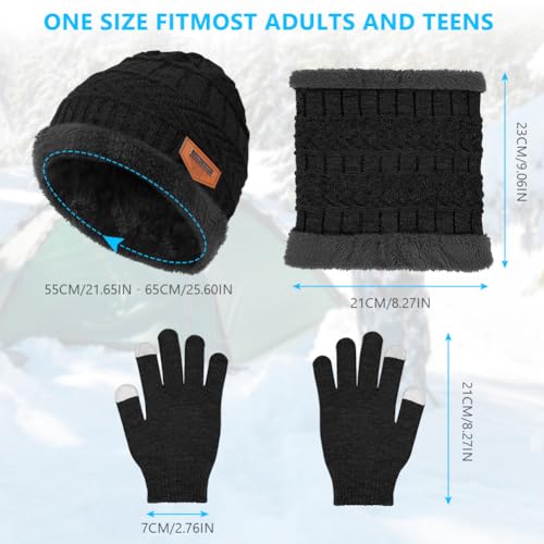 Flintronic Wintermütze, Schal und Touchscreen Handschuhe Set - Fleece-Innenfutter Warm Beanie Mütze für Herren & Damen - Elastische Mütze mit Rundem Schal