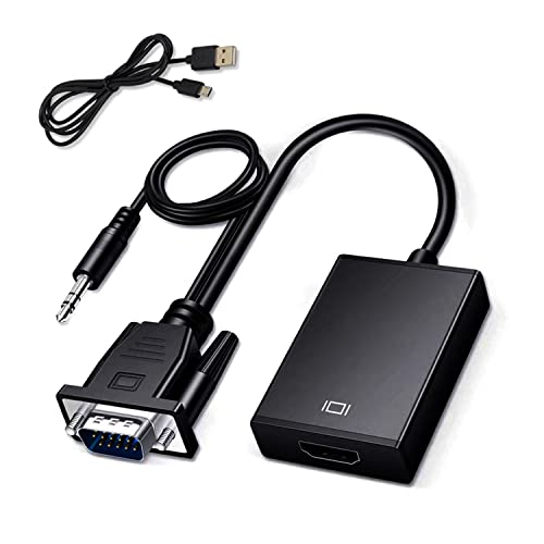 Aolirot Adaptador VGA a HDMI con Cable de Audio de 3,5 mm y Cable USB de alimentación Convertidor VGA Macho a HDMI Hembra para PC, Portátiles, Proyector HDTV
