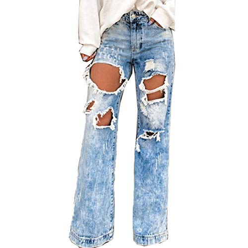 utcoco Women s Street Style Straight Fit Mid Waisted Distressed Ripped Holes Wide Legs Washed Denim Jeans Pants (Blue, 2)