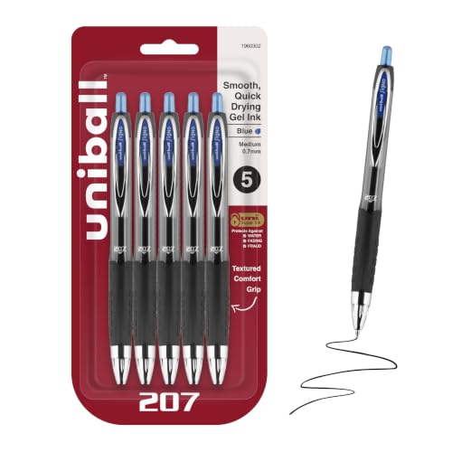 Image of Uniball 207 Gel Pens, Blue Ink, 0.7mm Medium Point, Retractable, 5 Count, Smooth Writing, Fraud-Resistant, uni Super Ink