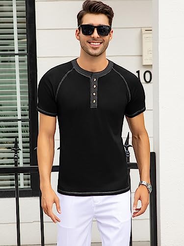 Hanxmen Men's Henley Shirts Casual Slim Fit Basic Short Sleeve Fashion Summer Solid Color Muscle Tee Stretch Xl Black #TOP1