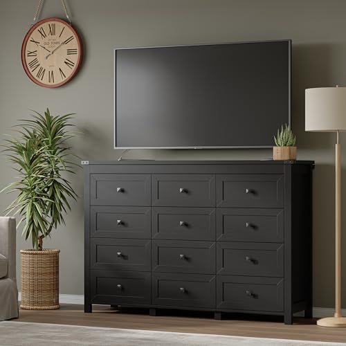 Image of BORNOON 12-Drawer Dresser, Modern Wooden Storage Chest of Drawers, Dresser TV Stand, Wood Drawer Organizer with Metal Handles for Bedroom, Living Room, Hallway