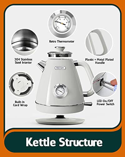 Hazel Quinn Retro Electric Kettle - 1.7 Liters / 57.5 Ounces Tea Kettle With Thermometer, All Stainless Steel, Fast Boiling 1200W, Bpa-Free, Cordless, Rotational Base, Automatic Shut Off - Ice Gray #TOP4