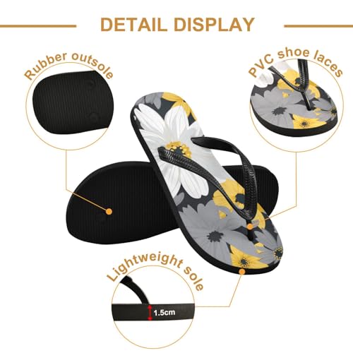 Womens Flip Flops Gray Yellow White Daisy FlowerNon-Slip Casual Beach Slippers Rubber Sandals214B25892