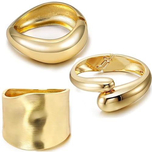 OXWIND Chunky Gold Bracelet - 3pcs Gold Cuff Bangles for Women Trendy Cuff Bracelets Wide Thick Gold Bangles Non Tarnish Jewelry, 3 Packs