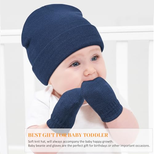 Image of Baby Beanie Hat Gloves Set, Kids Winter Warm Knit Hat with glvoes,Toddler Soft Beanie for Little Boys Little Girls Children