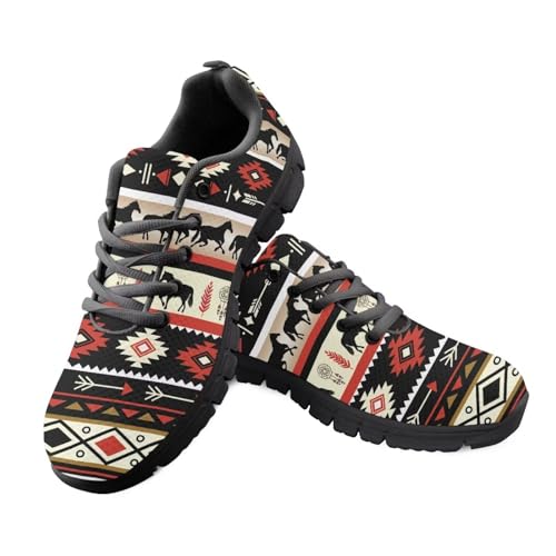 JUDENTIDOS Women Mesh Sneakers Southwest Aztec Native American Horse Lace Up Athletic Tennis Running Walking Shoes Comfortable Footwear
