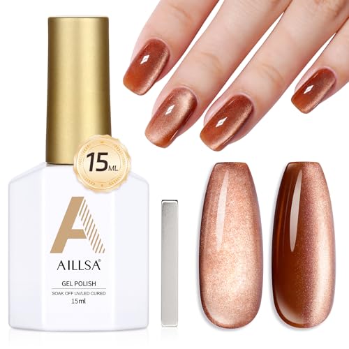 AILLSA Cat Eye Gel Nail Polish Brown Glitter Gold Gel Polish with Magnet, Amber Nude Shimmer Gel Polish Crystal Reflective Jelly Winter Color Translucent UV Gel Salon DIY at Home 0.5 OZ GF24