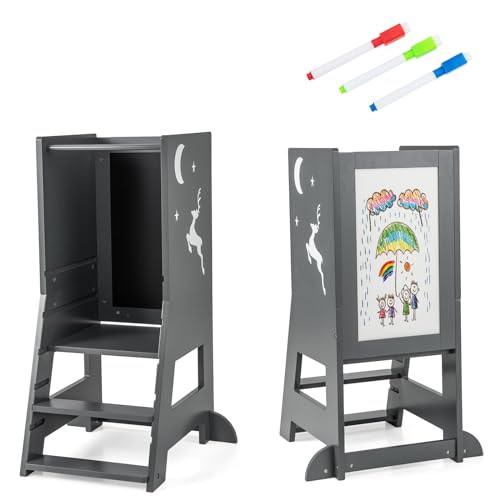LIFEZEAL Torre di osservazione per bambini in legno, 3 altezze regolabili, traversa di sicurezza, torre di apprendimento Montessori, lavagna double face, 3 penne, gradino 37 x 50 x 87 cm, carico 70 kg