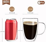 12 Oz Double Walled Glass Coffee Mugs with Handle,Insulated Layer Coffee Cups,Clear Borosilicate Thermal Glass Mugs,Tasse à café en verre Double paroi,Set of 4 for Cappuccino,Tea,Latte,Hot Beverage