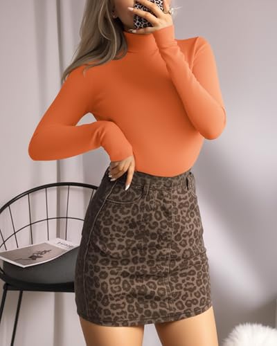Image of MANGOPOP Women's Mock Neck /Turtle Neck Long Sleeve Modal Bodysuit Jumpsuit (Mock Neck - Orange, Medium)