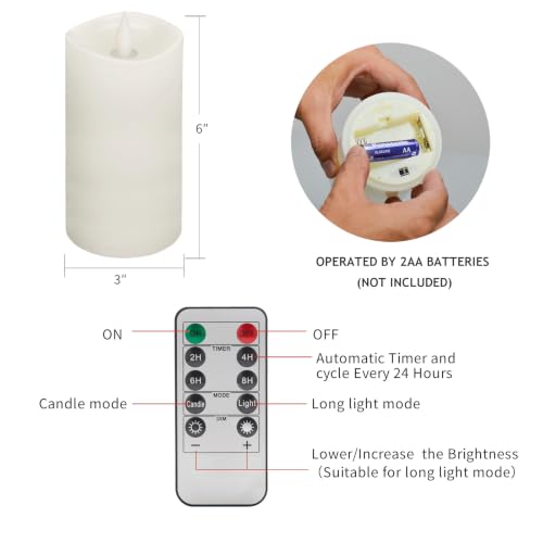 Image of Flameless LED Candles 3 inchx6 inch Set of 1, Battery Operated with Remote & Timer, 600-Hour on 2 AA Batteries, Flickering Realistic Flame, White for Indoor /Outdoor