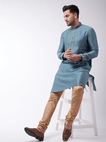 Image of VASTRAMAY VM Mens Silk Blend Kurta - Timeless Elegance for Festivals & Events | Banarasi Cotton with Silk Dobby Jacquard Mandarin Collar Full Sleeves Kurta with a Contrast Piping