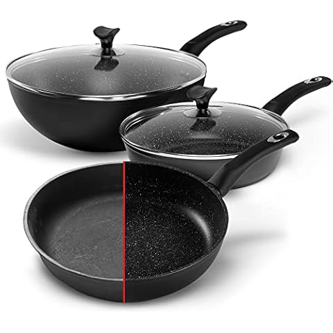 Oakfire Pfannen-Set 3-teilig 24cm, 28cm Bratpfanne, 30cm Wokpfanne hoher Rand mit Deckel Cover