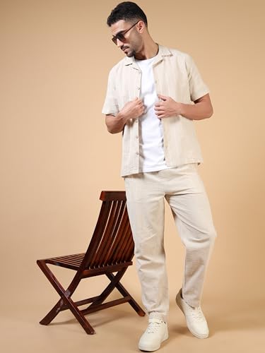 Image of StitchX Men's Airport Look Textured Seersucker Resort Cotton Shirt & Trouser Co-Ord Set S-2XL