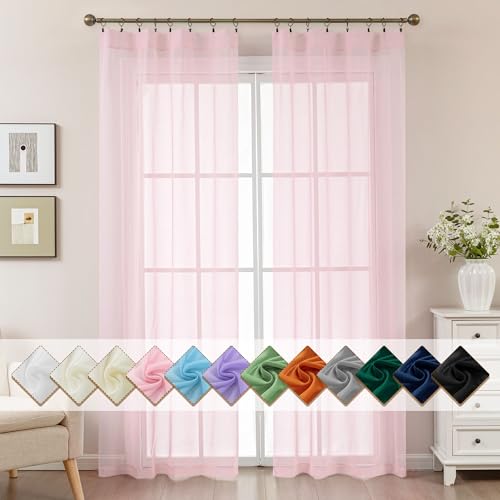 Image of Pink Sheer Curtains 84 Inches Long, Privacy Semi Sheer Curtains for Living Room Bedroom, Light Filtering Rod Pocket Voile Window Drapes 2 Panels Set, Each 42 inch W x 84 inch L