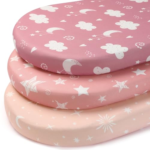 FIEMOL Baby Moses Basket Sheets, 81x41 cm Pram Sheets Fitted Universal Fit for Bassinet Cradle Oval Rectangle Round Mattress, 3 Pack Ultra Soft & Silky Smooth Microfiber Pink Stars