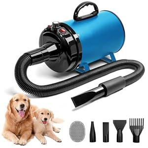 Hundefön Blower Sehr Leise 5.2 PS / 3800W Motor Einstellbare Geschwindigkeit, Hundepflege-Trockner-Gebläse mit 4 verschiedenen Düsen elastischem Schlauch (Blue)
