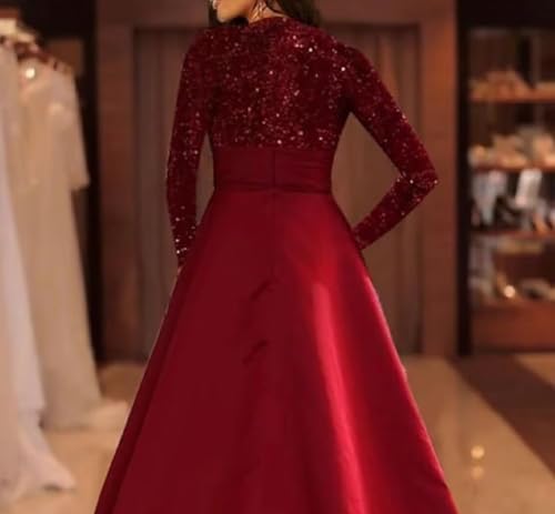 Tea Length Sequin Prom Dresses for Women Long Sleeve Satin Formal Dresses A Line Evening Party Gowns LL-M0254