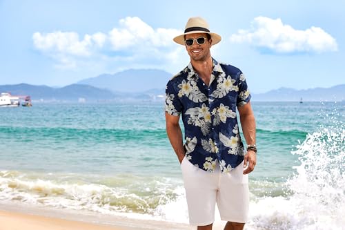 Image of COOFANDY Men Casual Button Down Shirt Short Sleeve Summer Camp Shirts Navy Floral
