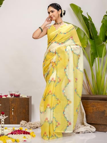 Image of SIRIL Women's Cotton Linen Printed Saree With Unstitched Blouse Piece