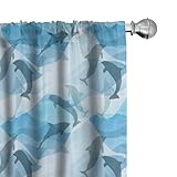 Lunarable Sea Animals Window Curtains, Dolphin Silhouettes with Abstract Ocean Waves Aquatic Life, Lightweight Decor 2-Panel Set with Rod Pocket, Pair of - 28' x 63', Grey Blue