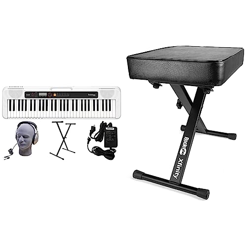 Casio CT-S200WE 61-Key Premium Keyboard Pack with Stand, Headphones & Power Supply, White (CAS CTS200WE PPK) | RockJam KB100 Adjustable Padded Keyboard Bench, X-Style, Black