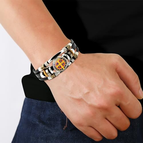 2Pcs Men's San Benito Bracelet Glow in The Dark Saint Benedict Cross Bracelet Multilayer Leather Braided Snap Buttons for Father Husband Couples Jewelry3