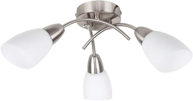 MiniSun Modern 3 Way Brushed Chrome Curved Arm Cross Over Design Flush Ceiling Light Fitting with Frosted Glass Shades - Complete with 4w LED Golfball Bulbs [3000K Warm White]