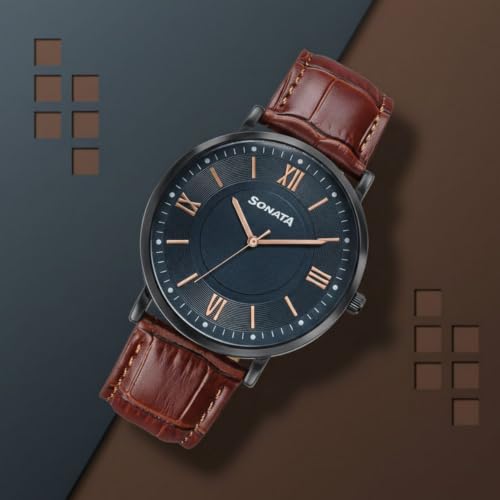 Image of Sonata Verve Quartz Analog with Black Dial Brown Geniune Leather Strap Watch for Men - 77189NL01