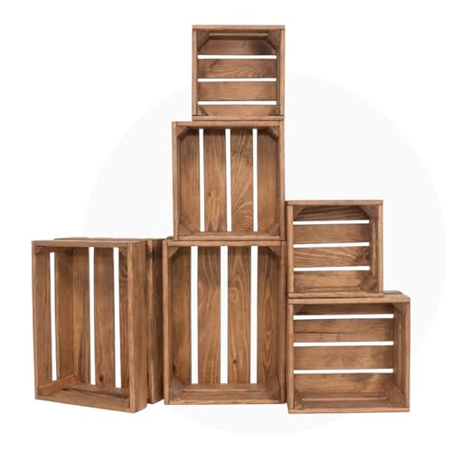 ITA Home & Garden Juego de 6 cajas de madera vintage, 3 tamaños, apilables y entrelazables, cajas decorativas de madera blanda con certificado FSC, color marrón