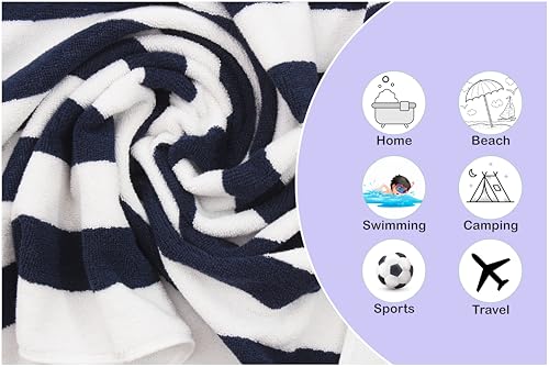 Image of ORIGINAL KIDS 6 Piece Towel Set - Cabana Stripe - Rugby Stripe - 2 Bath Towels, 2 Hand Towels, 2 Washcloths - 100% Cotton - Soft Absorbent Quick Dry Durable Pool Shower Beach - Gift - Navy